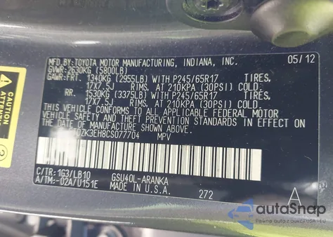 2012 Toyota Highlander Se z USA, uszkodzony, nr VIN 5TDZK3EH8CS077704